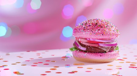 A whimsical hamburger featuring a pink sparkling bun and playful toppings, set against a colorful background filled with confetti. Perfect for festive occasions.の素材