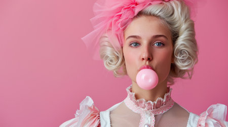 A vibrant portrait of a young woman in vintage attire, joyfully chewing pink bubble gum against a soft pink backdrop, exuding playful elegance.の素材