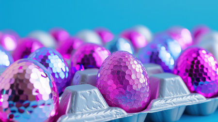 A visually captivating arrangement of shiny decorative Easter eggs in shades of pink and blue, nestled in a gray carton against a bright blue backdrop.の素材