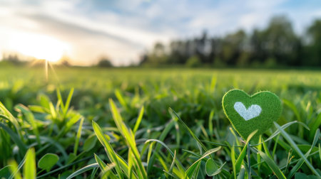 A charming green heart symbol rests on fresh grass, beautifully illuminated by soft sunset light. This serene composition evokes feelings of love and tranquility in nature.の素材