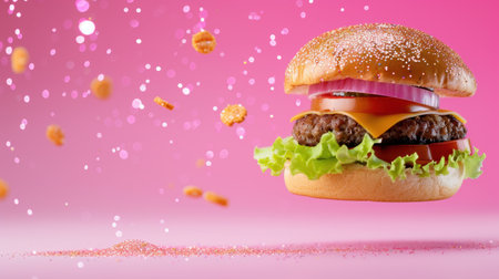 A mouthwatering hamburger featuring a juicy beef patty, fresh lettuce, ripe tomato, and melted cheese, all set against a cheerful pink backdrop with sprinkles and snacks, creating a playful and appetizing food scene ideal for culinary promotions.の素材