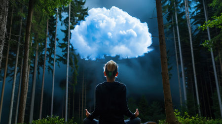 A person meditating in a tranquil forest setting, surrounded by tall trees and a dreamy cloud above, symbolizing calmness and reflection.の素材