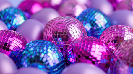 A vibrant close-up of colorful mirror balls and shiny lavender orbs, perfect for enhancing festive decorations and celebratory events with a glamorous touch.の素材