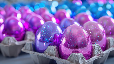 A vibrant arrangement of glittering Easter eggs in shades of pink and blue is displayed in carton trays, capturing the essence of spring festivities.の素材