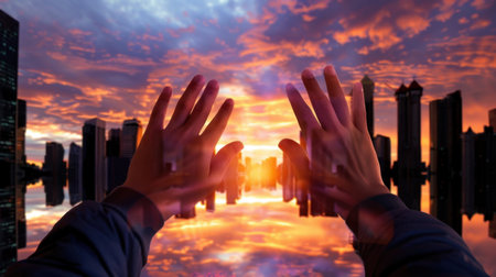 A captivating image of hands reaching towards a stunning sunset, reflecting on calm water, symbolizing hope and connection in an urban landscape.の素材