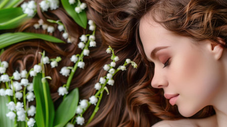 A stunning portrait of a young woman with flowing hair, resting peacefully amidst delicate lily of the valley flowers, embodying natural beauty and tranquility.の素材