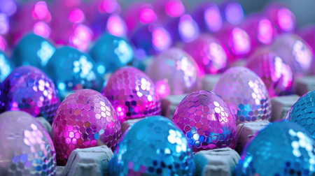 Bright and colorful Easter eggs decorated with glittery pink and blue sparkles sit in a carton, perfect for spring celebrations and festive decor.の素材