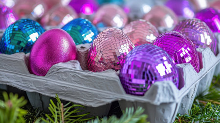 A vibrant assortment of decorative Easter eggs placed in a gray carton, surrounded by greenery, perfect for spring celebrations and festive decor.の素材