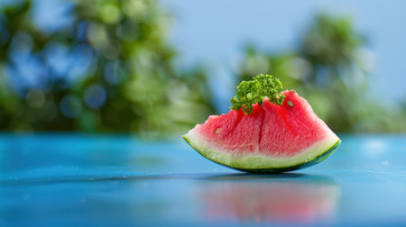 This image showcases a vibrant slice of watermelon adorned with bright green garnish, resting on a shiny blue surface, perfect for summer themes.の素材