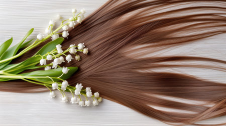 This captivating image features a beautiful arrangement of smooth brown hair intermingled with delicate lily of the valley flowers, set against a soft wooden background.の素材
