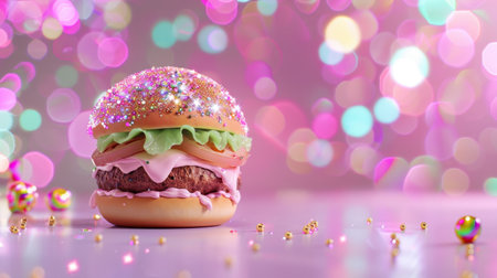 This vibrant and playful hamburger features sparkles and a colorful bokeh background, making it an ideal choice for party and culinary themes.の素材