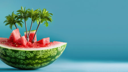 This vibrant image features a watermelon carved to resemble a tropical paradise with miniature palm trees, embodying a fun summer vibe against a blue background.の素材