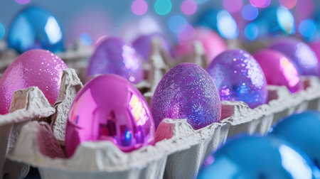 A vibrant arrangement of glittery Easter eggs in shades of pink and blue rests in a carton, set against a dreamy bokeh background, symbolizing celebration.の素材
