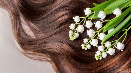 This image showcases luxurious flowing hair beautifully intertwined with fresh lily of the valley flowers. The soft neutral background enhances the elegant aesthetic, making it ideal for beauty and wellness themes.の素材