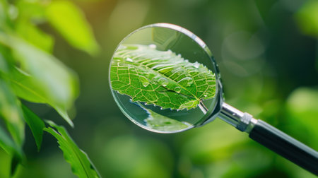 A captivating close-up image showcasing a leaf seen through a magnifying glass, emphasizing dew drops and intricate vein patterns amidst a lush green backdrop.の素材