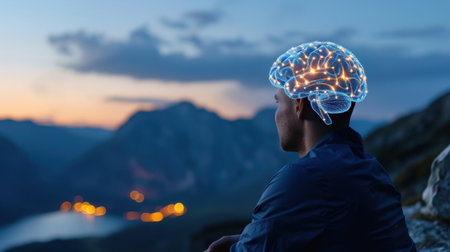 A man sits peacefully on a mountainside, gazing at a scenic view at dusk, with a glowing digital brain above his head, symbolizing inspiration and creativity.の素材