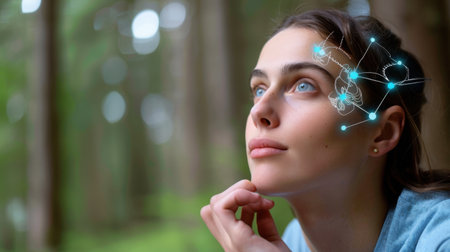 A thoughtful woman gazes into the distance in a tranquil forest setting, with digital graphics symbolizing creativity and innovative ideas around her head.の素材