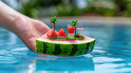 A creative depiction of a watermelon slice floating in a clear pool, featuring a miniature tropical scene with lush greenery and refreshing beverages.の素材