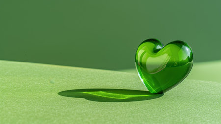 A stunning glass heart rests on a soft green surface, casting a delicate shadow. The vibrant color and subtle reflection create a serene atmosphere, perfect for conveying emotions and beauty in design.の素材