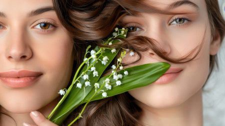 Two young women share a tender moment, each showcasing natural beauty with fresh hair and lily of the valley flowers, embodying elegance and freshness.の素材
