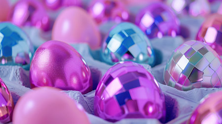 A vibrant arrangement of colorful and shiny Easter eggs in various pastel shades placed in an egg carton, perfect for spring celebrations and festive decor.の素材