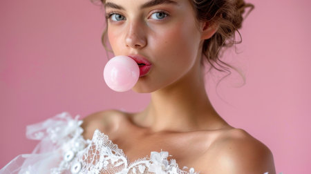 A captivating close-up of a young woman blowing bubble gum, adorned in a lace dress. The soft pink background enhances the playful and stylish vibe of this fashion shot.の素材
