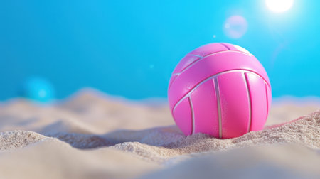 A vibrant pink volleyball rests on sunlit beach sand under a clear blue sky, embodying summer fun and outdoor activity, perfect for sports enthusiasts.の素材