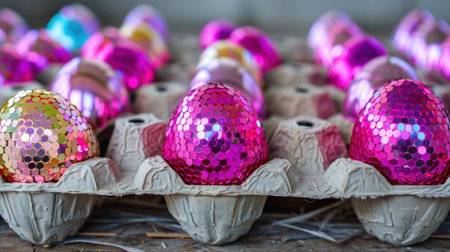 A vibrant collection of colorful decorative eggs arranged in a carton, providing a cheerful and festive atmosphere ideal for spring celebrations.の素材