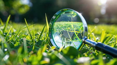 A detailed view of a magnifying glass resting on vibrant green grass, showcasing the intricate textures of nature under bright sunlight. This outdoor scene invites curiosity and exploration.の素材