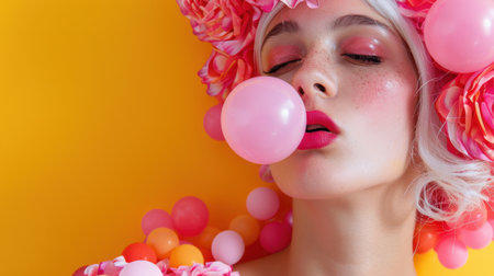 A striking portrait of a young woman adorned with floral accessories, exuding playful charm while blowing bubblegum against a bold yellow backdrop.の素材
