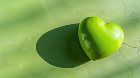 A vibrant green heart shaped object rests on a softly textured green background, casting a gentle shadow. This image evokes feelings of love, freshness, and harmony.の素材