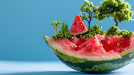 A creative arrangement of a watermelon featuring miniature trees and slices, set against a bright blue background, perfect for summer-themed visuals.の素材