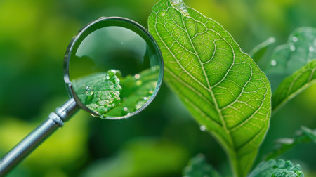 This image captures a detailed view of a green leaf with water drops, magnified by a glass lens, showcasing the beauty and complexity of nature.の素材