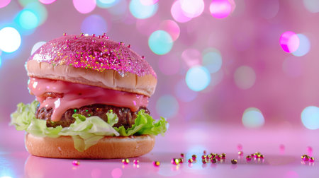 A whimsical burger topped with pink frosting and sparkling glitter, set against a dreamy bokeh background, creating a fun and captivating visual treat perfect for celebrations.の素材