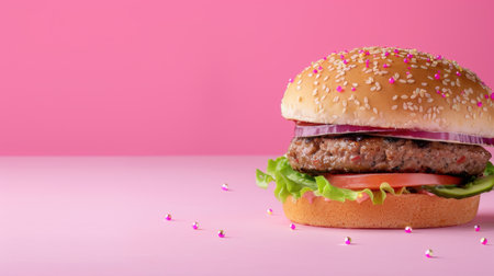 A beautifully styled hamburger features a sesame seed bun filled with fresh lettuce, tomato, and onion on a vibrant pink background, accentuated with colorful sprinkles.の素材