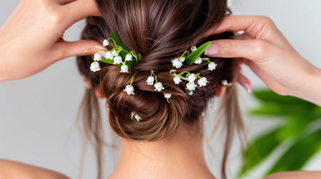 A stylish hair bun adorned with delicate lily of the valley flowers, showcasing modern elegance and natural beauty in a serene indoor environment.の素材