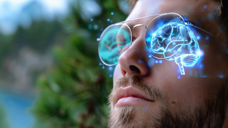A thoughtful individual wearing glasses that reflect a digital brain image, symbolizing knowledge and insight, set against a serene natural backdrop, representing clarity and innovation.の素材