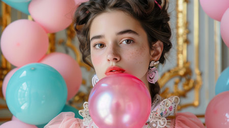 A captivating portrait of a young woman enjoying bubble gum while surrounded by an array of pink and blue balloons in an elegant indoor environment.の素材