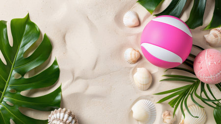 A vibrant beach scene featuring a pink volleyball, various sea shells, and lush tropical leaves scattered on golden sand. Perfect for summer vibes!の素材