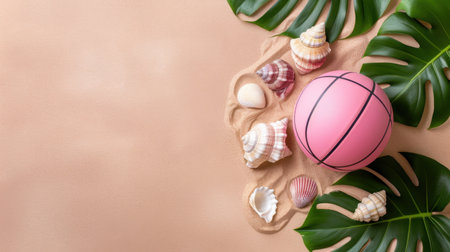 A vibrant pink basketball is elegantly arranged amidst seashells and lush green leaves on a soft sandy background, creating a playful and tropical scene.の素材