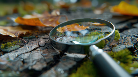 A close-up view capturing a magnifying glass resting on autumn leaves and bark, reflecting water and showcasing intricate details of nature.の素材