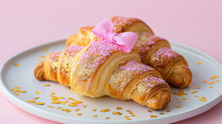 A beautiful display of croissants adorned with a pink bow and shimmering edible glitter, set against a soft pink backdrop, perfect for celebrating sweetness.の素材