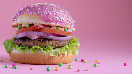 This playful burger showcases a whimsical design, featuring a pink glitter bun and colorful vegetables, ideal for fun food photography and vibrant culinary art.の素材