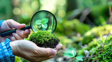A hand holds a magnifying glass that focuses on a tiny plant emerging from moss in a serene forest. The image showcases nature's beauty and growth.の素材