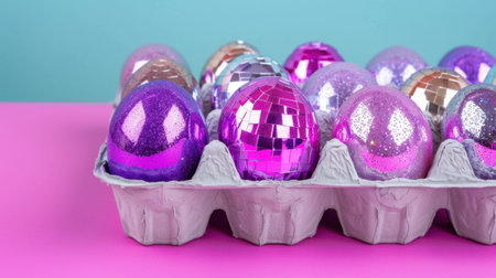 A vibrant display of disco-themed glitter eggs in a carton creates a festive atmosphere ideal for Easter celebrations and seasonal decorations.の素材