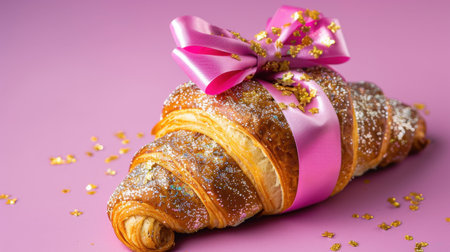 This delightful croissant is beautifully wrapped with a pink ribbon and sprinkled with glitter, creating a festive and appetizing centerpiece for any occasion.の素材