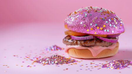 This playful hamburger features a sparkly pink bun, colorful toppings, and a whimsical design, perfect for festive events or fun celebrations.の素材