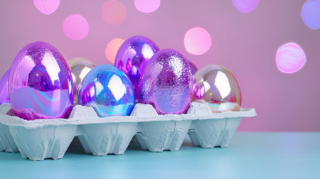Vibrant and colorful Easter eggs displayed in a carton against a soft pastel background with bokeh lights, perfect for spring-themed decor and celebrations.の素材