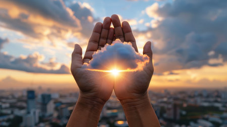 A captivating image featuring hands gently cradling a cloud at sunrise, symbolizing hope and inspiration. The backdrop showcases a cityscape bathed in warm light, creating a serene and uplifting atmosphere.の素材