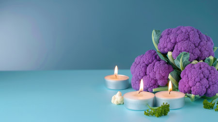 A beautiful arrangement of vibrant purple cauliflower alongside soothing lit candles, creating a tranquil and welcoming ambiance on a blue surface.の素材